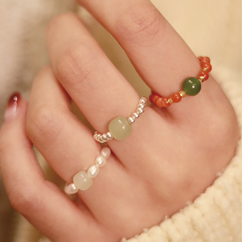 KarmaRipple's 925 Sterling Silver Authentic Small Hetian Jade Red Agate Pearl Bead Prosperity Elastic Ring p12