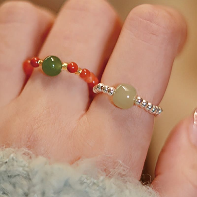 KarmaRipple's 925 Sterling Silver Authentic Small Hetian Jade Red Agate Pearl Bead Prosperity Elastic Ring p14