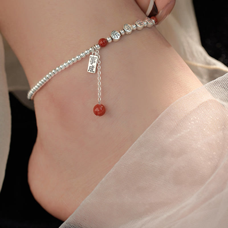 KarmaRipple's 925 Sterling Silver Small Beadwork Red Agate Peace And Joy Blessing Anklet p7