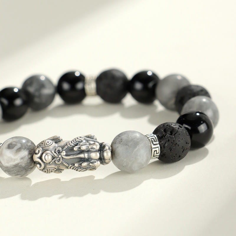 KarmaRipple's 999 Sterling Silver PiXiu Black Onyx Grey Jasper Lava Rock Protection Bracelet p4