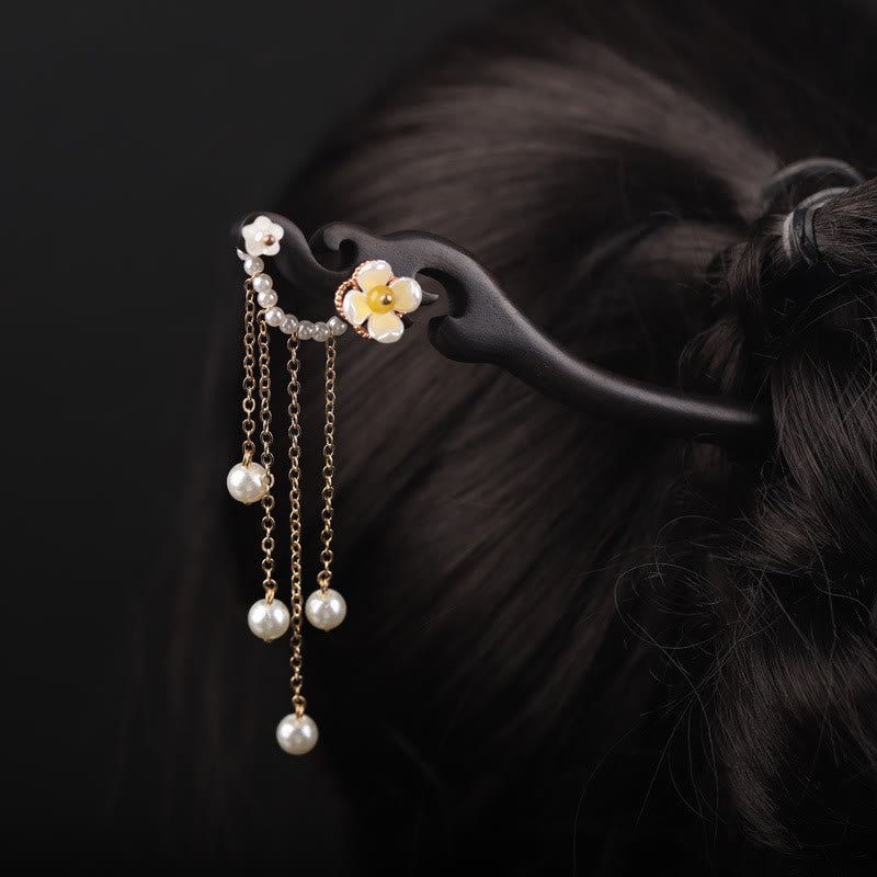 KarmaRipple's Ebony Shell Flower Pearl Tassel Blessing Hairpin p4