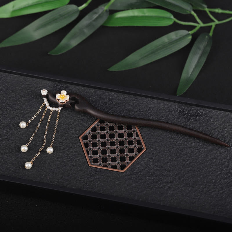 KarmaRipple's Ebony Shell Flower Pearl Tassel Blessing Hairpin p3