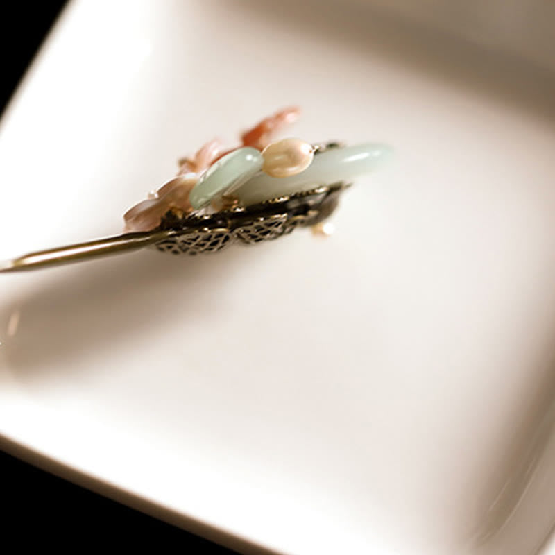 KarmaRipple's Bronze Jade Shell Flower Leaves Fortune Hairpin p11