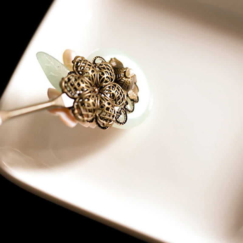 KarmaRipple's Bronze Jade Shell Flower Leaves Fortune Hairpin p12