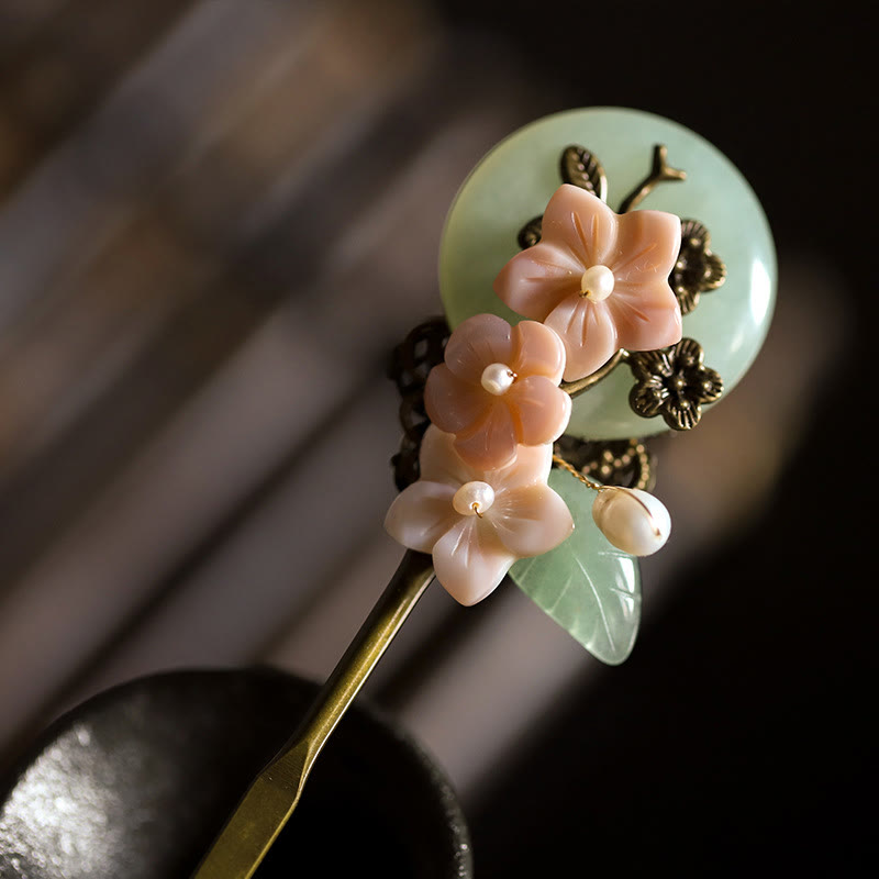 KarmaRipple's Bronze Jade Shell Flower Leaves Fortune Hairpin p1