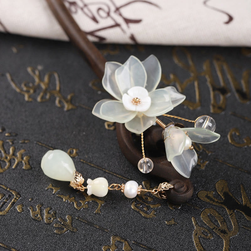 KarmaRipple's Ebony Jade Shell Magnolia Tassel Blessing Hairpin p14