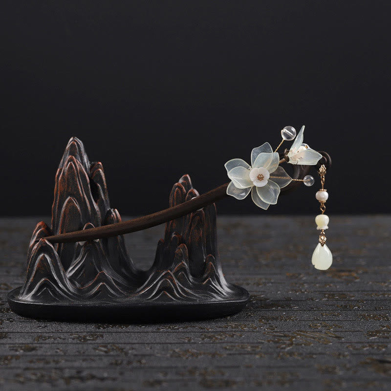 KarmaRipple's Ebony Jade Shell Magnolia Tassel Blessing Hairpin p10