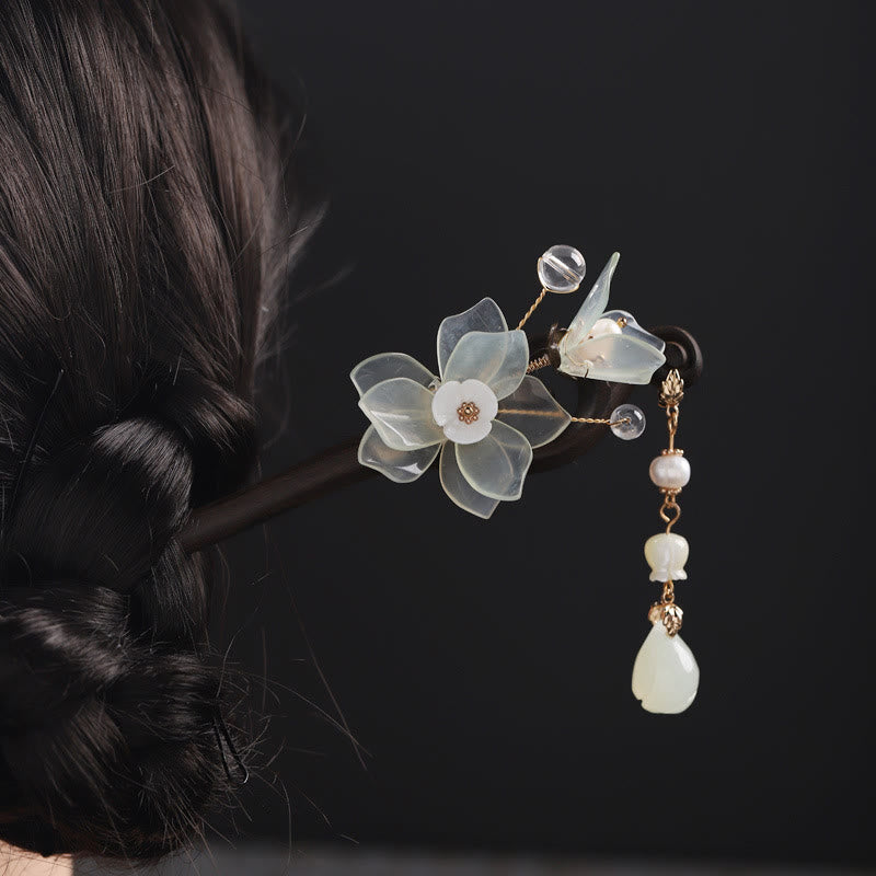 KarmaRipple's Ebony Jade Shell Magnolia Tassel Blessing Hairpin p1