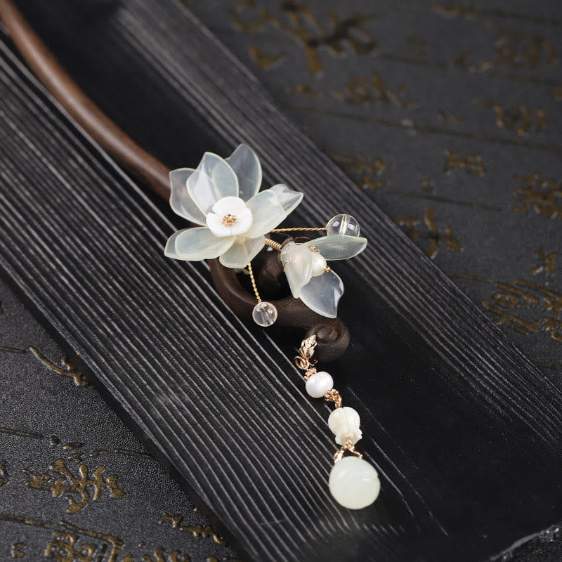 KarmaRipple's Ebony Jade Shell Magnolia Tassel Blessing Hairpin p13