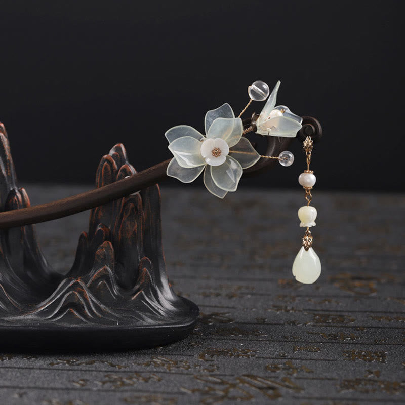 KarmaRipple's Ebony Jade Shell Magnolia Tassel Blessing Hairpin p12