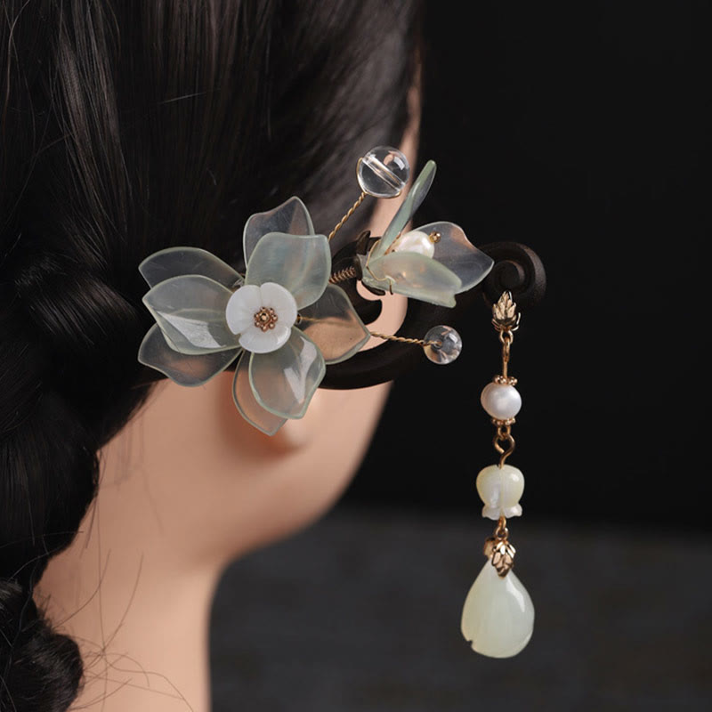KarmaRipple's Ebony Jade Shell Magnolia Tassel Blessing Hairpin p8