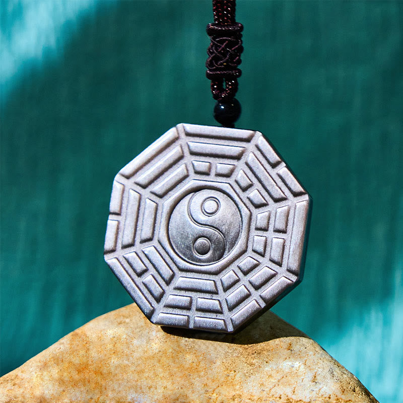 KarmaRipple's Silver Sheen Obsidian Bagua Yin Yang Symbol Protection Pendant Necklace p5