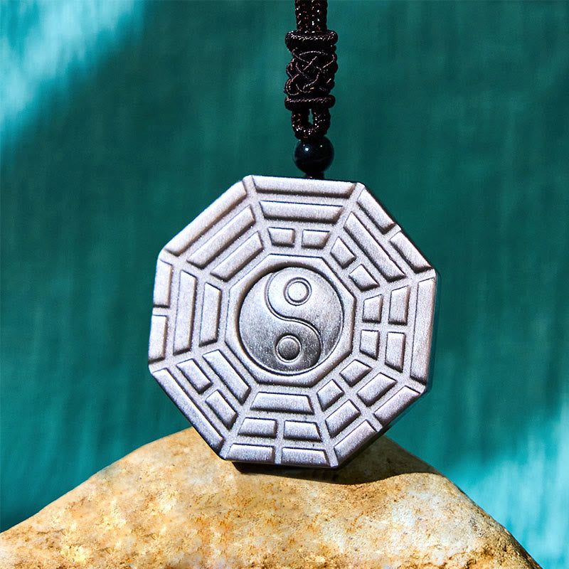 KarmaRipple's Silver Sheen Obsidian Bagua Yin Yang Symbol Protection Pendant Necklace p13