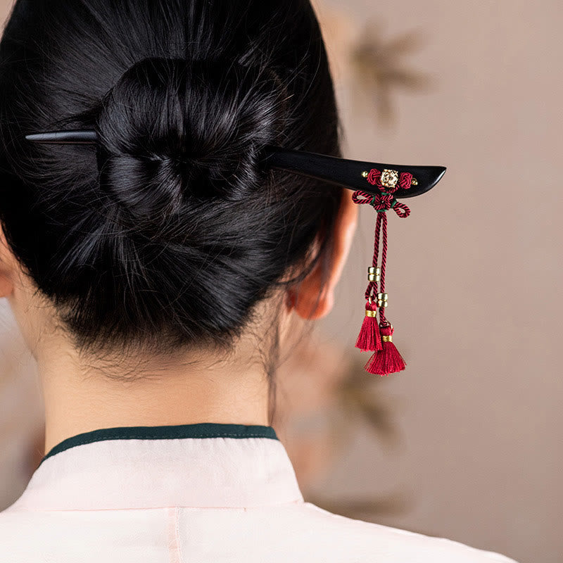 KarmaRipple's Ebony Red String Chinese Weave Tassel Protection Hairpin p5