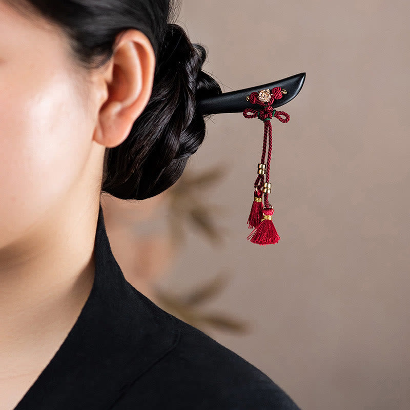KarmaRipple's Ebony Red String Chinese Weave Tassel Protection Hairpin p1