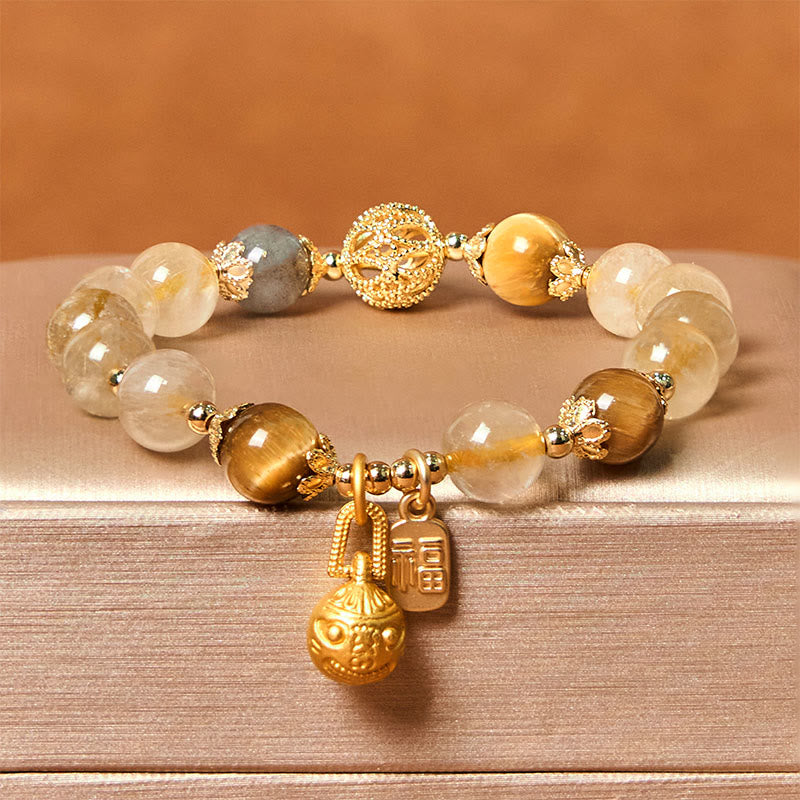 KarmaRipple's Authentic Rutilated Quartz Fu Character Metal Swallowing Beast Auspiciousness Bracelet p1