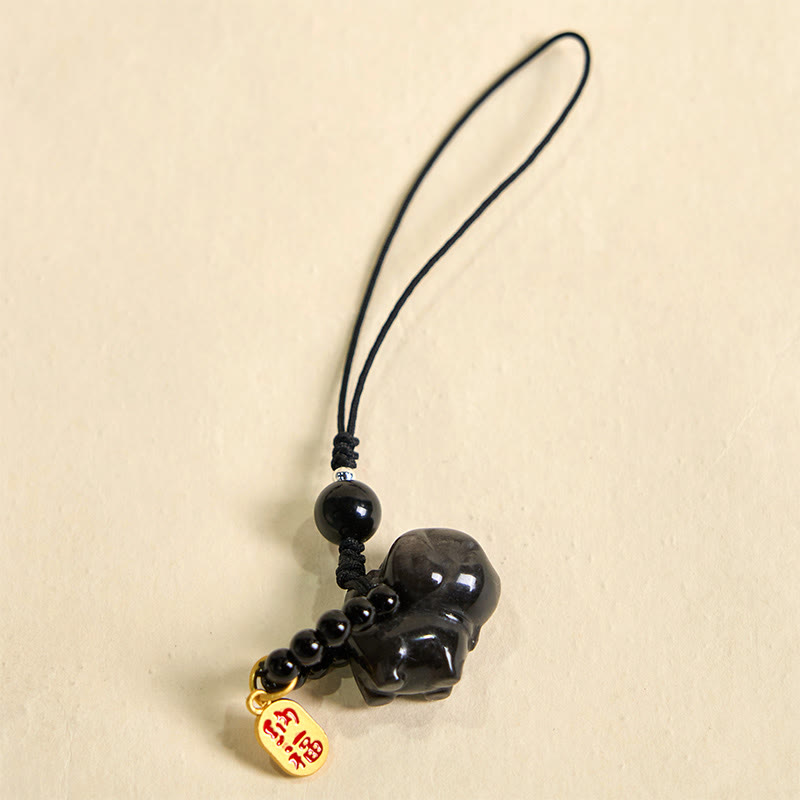 KarmaRipple's KarmaRipple Silver Sheen Obsidian Puppy Dog Fu Character Protection Pendant Phone Hanging Decoration p3