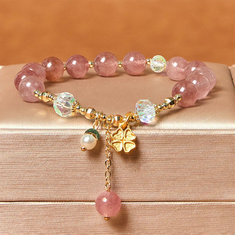 KarmaRipple's Authentic Strawberry Quartz Four Leaf Clover Balancing Bracelet p1
