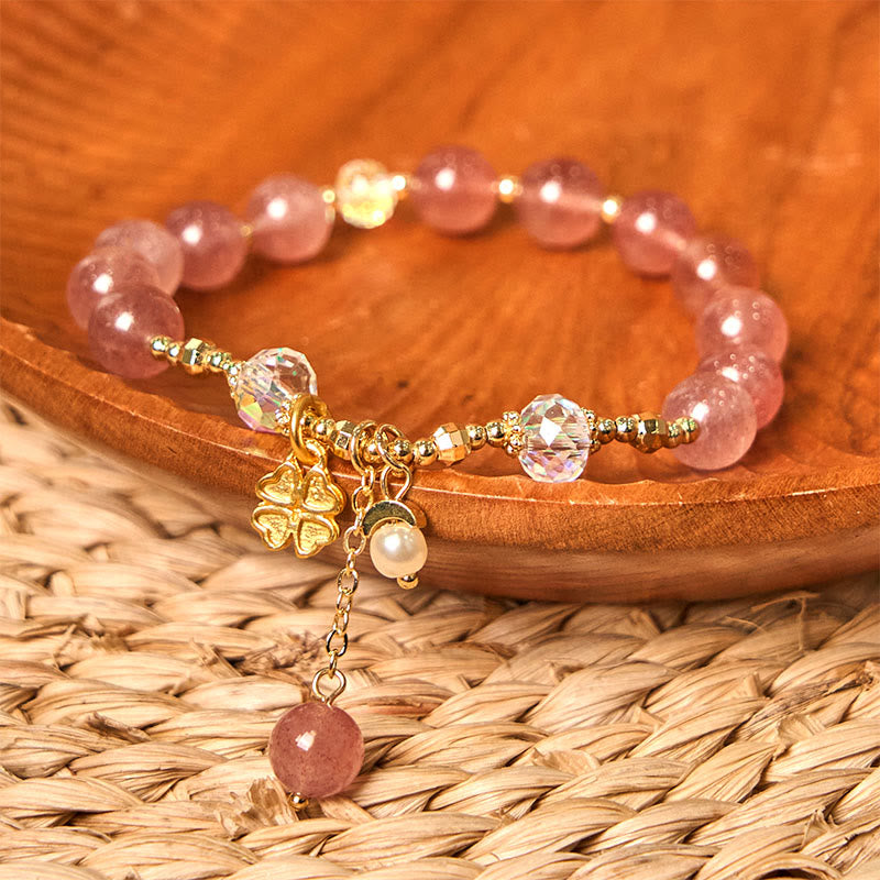 KarmaRipple's Authentic Strawberry Quartz Four Leaf Clover Balancing Bracelet p2