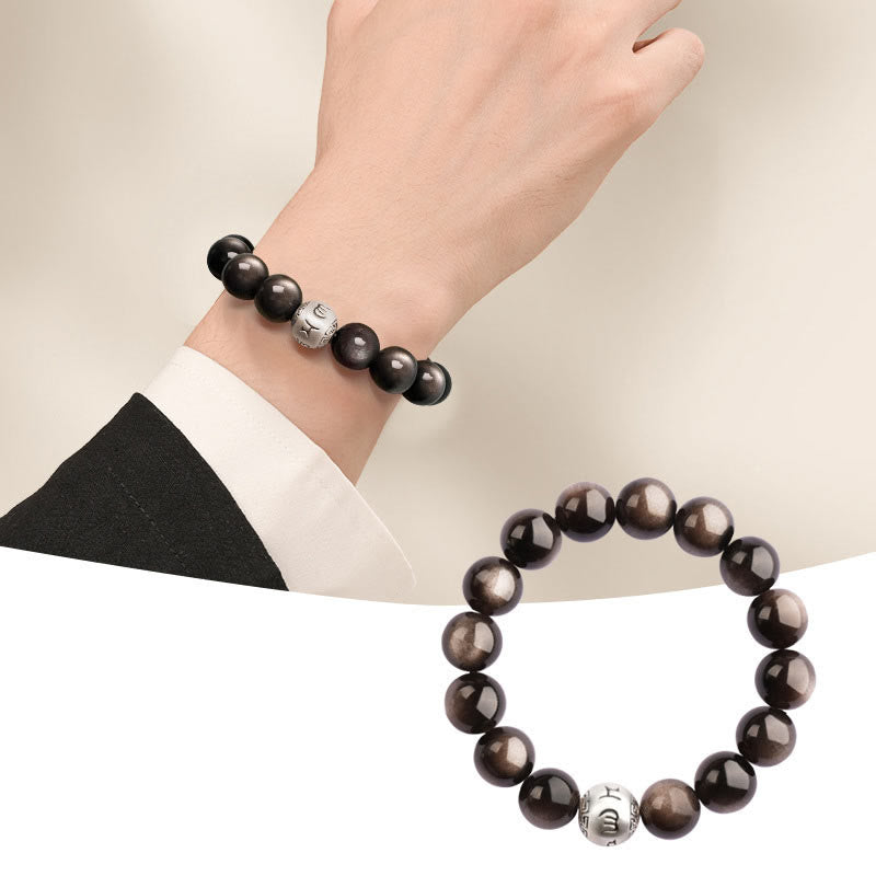 KarmaRipple's Authentic Silver Sheen Obsidian Om Mani Padme Hum Protection Bracelet p24