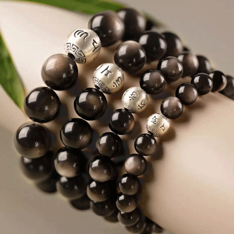 KarmaRipple's Authentic Silver Sheen Obsidian Om Mani Padme Hum Protection Bracelet p16