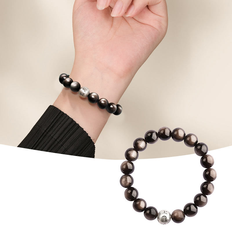 KarmaRipple's Authentic Silver Sheen Obsidian Om Mani Padme Hum Protection Bracelet p23