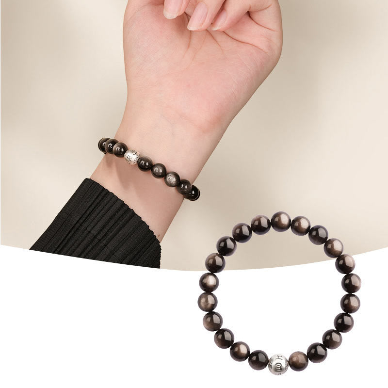 KarmaRipple's Authentic Silver Sheen Obsidian Om Mani Padme Hum Protection Bracelet p2