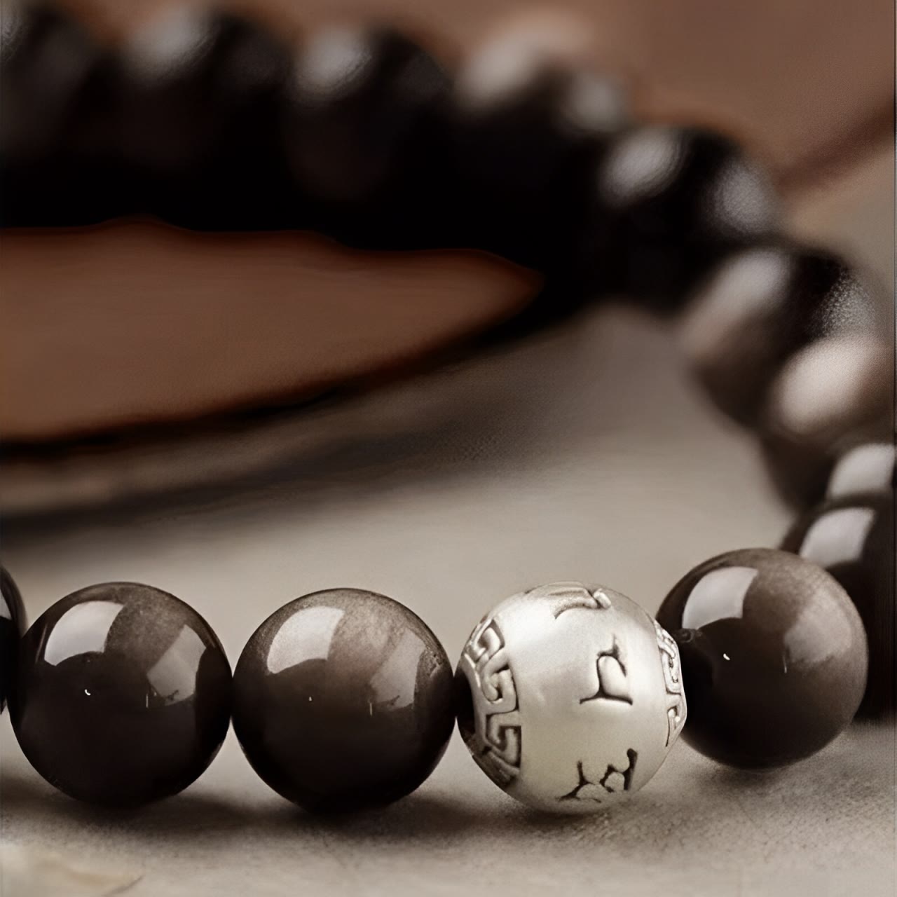 KarmaRipple's Authentic Silver Sheen Obsidian Om Mani Padme Hum Protection Bracelet p20