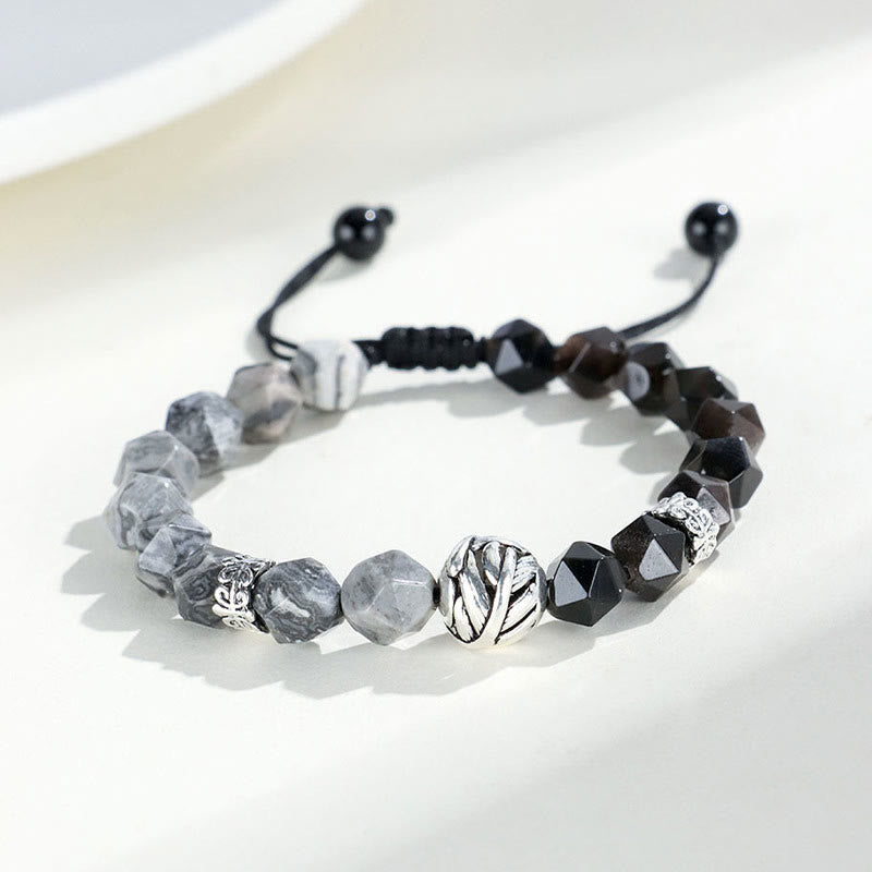 KarmaRipple's Authentic Irregular Cut Obsidian Grey Jasper 925 Sterling Silver Rolled Leaf Bead Protection Bracelet p2