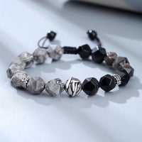 KarmaRipple's Authentic Irregular Cut Obsidian Grey Jasper 925 Sterling Silver Rolled Leaf Bead Protection Bracelet