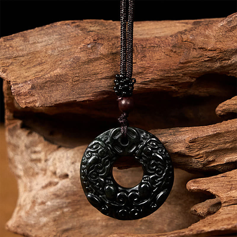 KarmaRipple's Tibetan Nanyang Black-Green Jade PiXiu Peace Buckle Protection Pendant Necklace p5