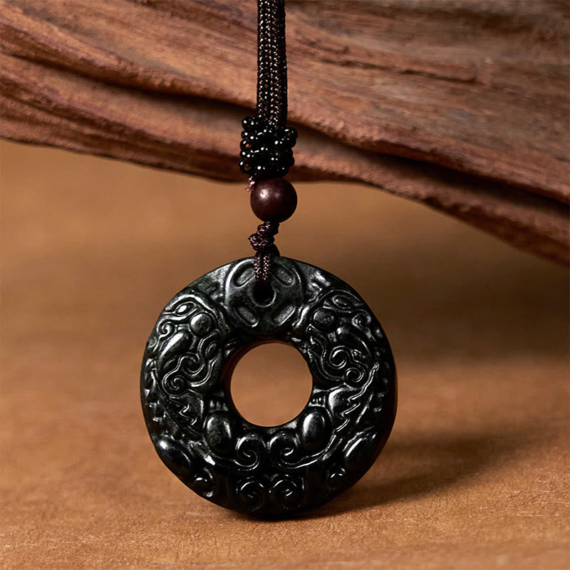 KarmaRipple's Tibetan Nanyang Black-Green Jade PiXiu Peace Buckle Protection Pendant Necklace p1