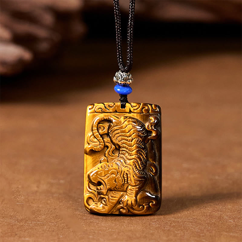 KarmaRipple's Authentic Tiger Eye Square Tiger Pattern Protection Rope Pendant Necklace p1
