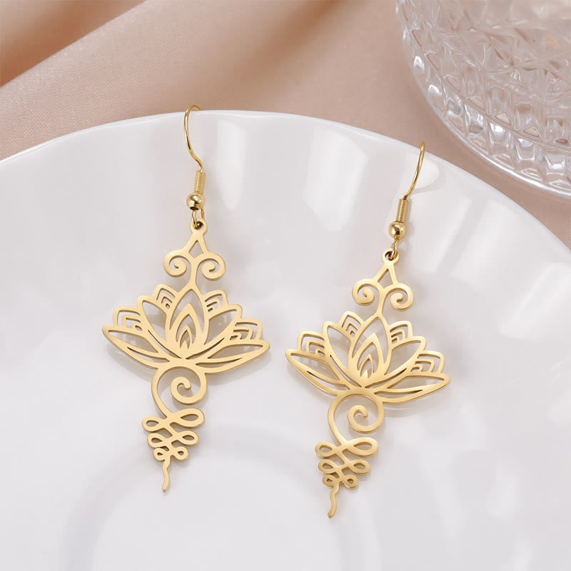KarmaRipple's Hollow Lotus Flower Stainless Steel Enlightenment Metal Drop Earrings p2
