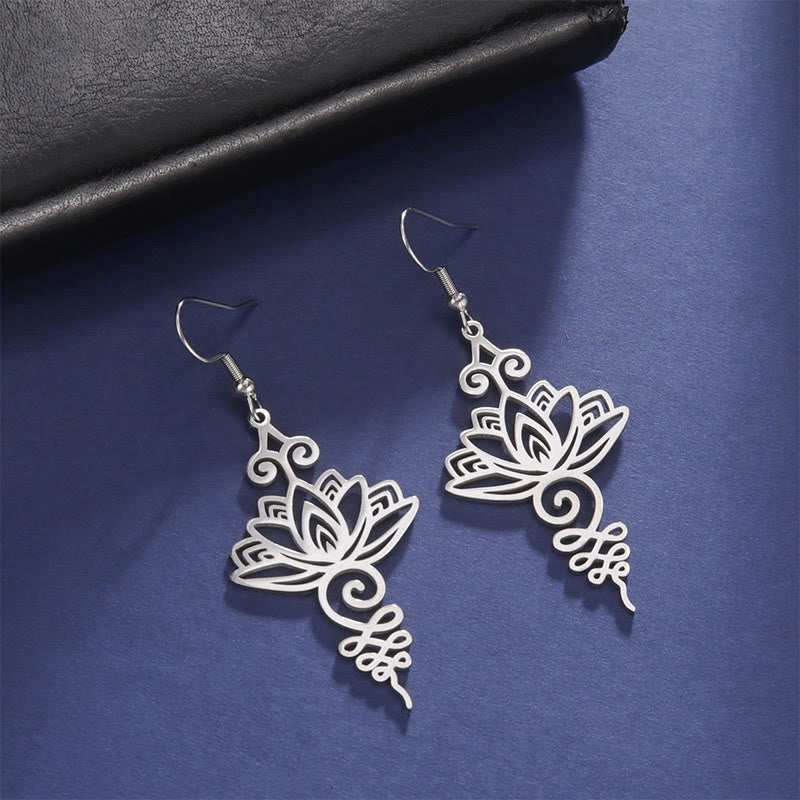 KarmaRipple's Hollow Lotus Flower Stainless Steel Enlightenment Metal Drop Earrings p6
