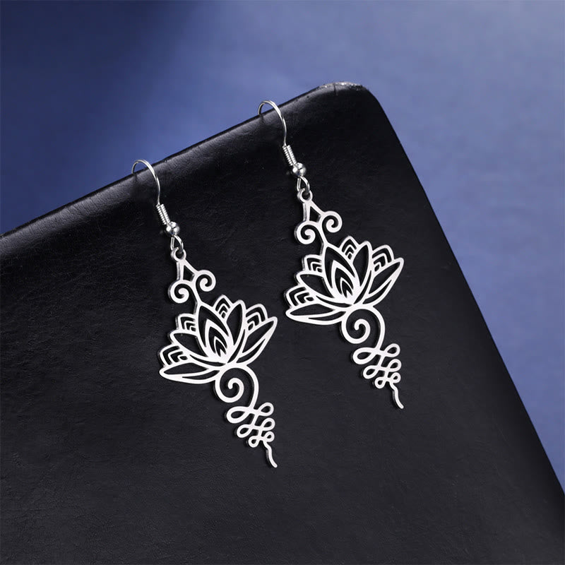 KarmaRipple's Hollow Lotus Flower Stainless Steel Enlightenment Metal Drop Earrings p4