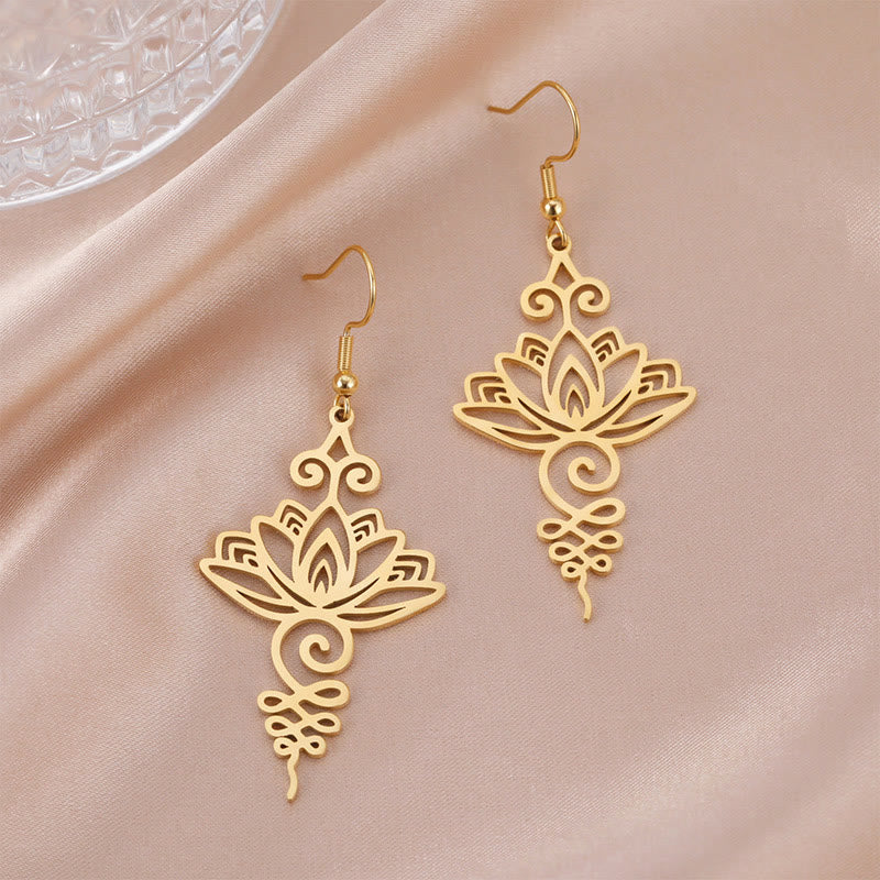 KarmaRipple's Hollow Lotus Flower Stainless Steel Enlightenment Metal Drop Earrings p11