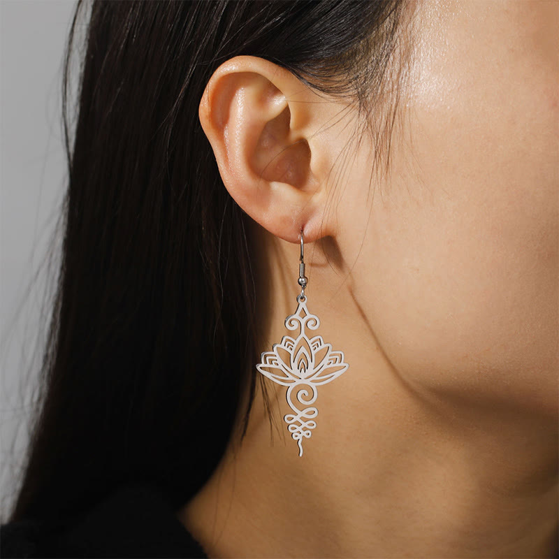 KarmaRipple's Hollow Lotus Flower Stainless Steel Enlightenment Metal Drop Earrings p9