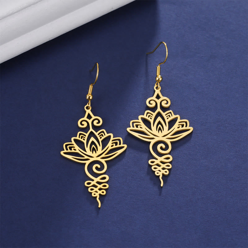 KarmaRipple's Hollow Lotus Flower Stainless Steel Enlightenment Metal Drop Earrings p13