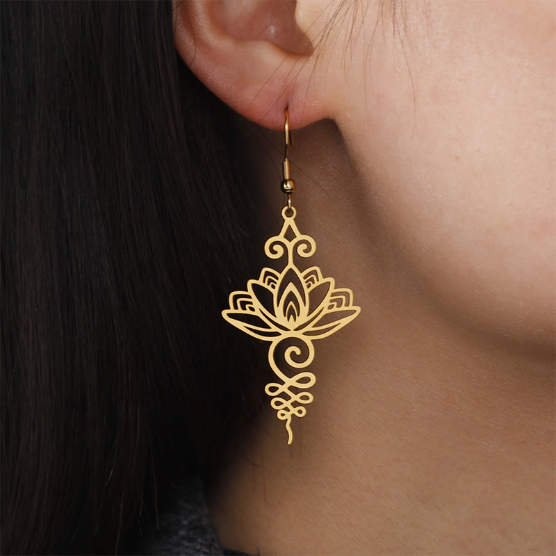 KarmaRipple's Hollow Lotus Flower Stainless Steel Enlightenment Metal Drop Earrings p12