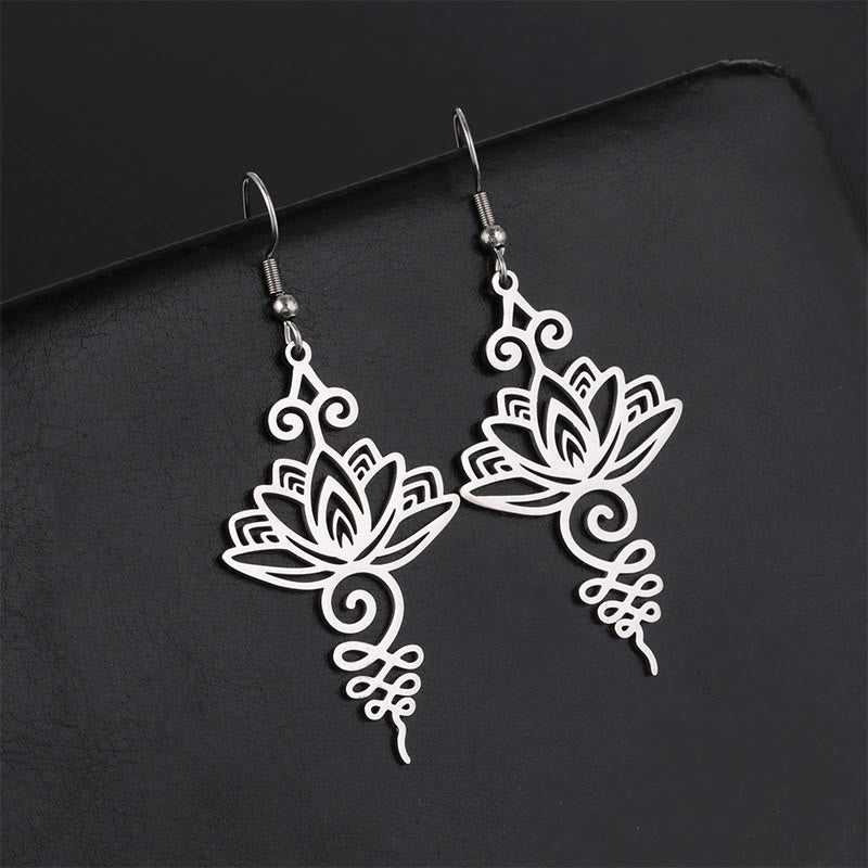 KarmaRipple's Hollow Lotus Flower Stainless Steel Enlightenment Metal Drop Earrings p3