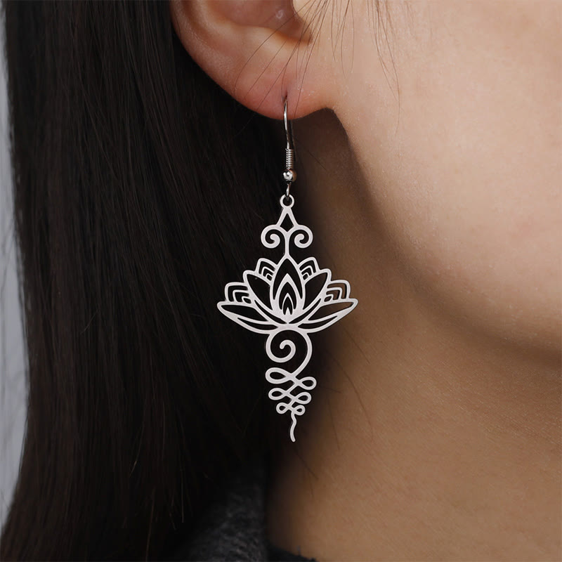 KarmaRipple's Hollow Lotus Flower Stainless Steel Enlightenment Metal Drop Earrings p5