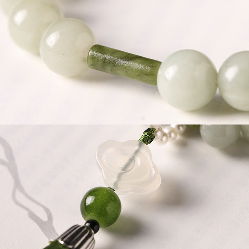 KarmaRipple's Green Jade Beadwork Pearl Prosperity Tassels Wrist Mala p13