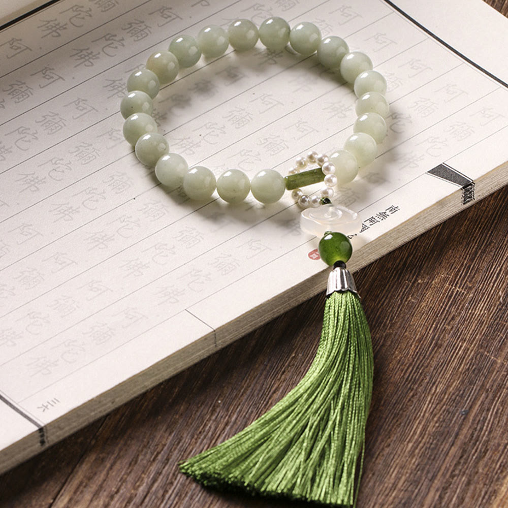 KarmaRipple's Green Jade Beadwork Pearl Prosperity Tassels Wrist Mala p17