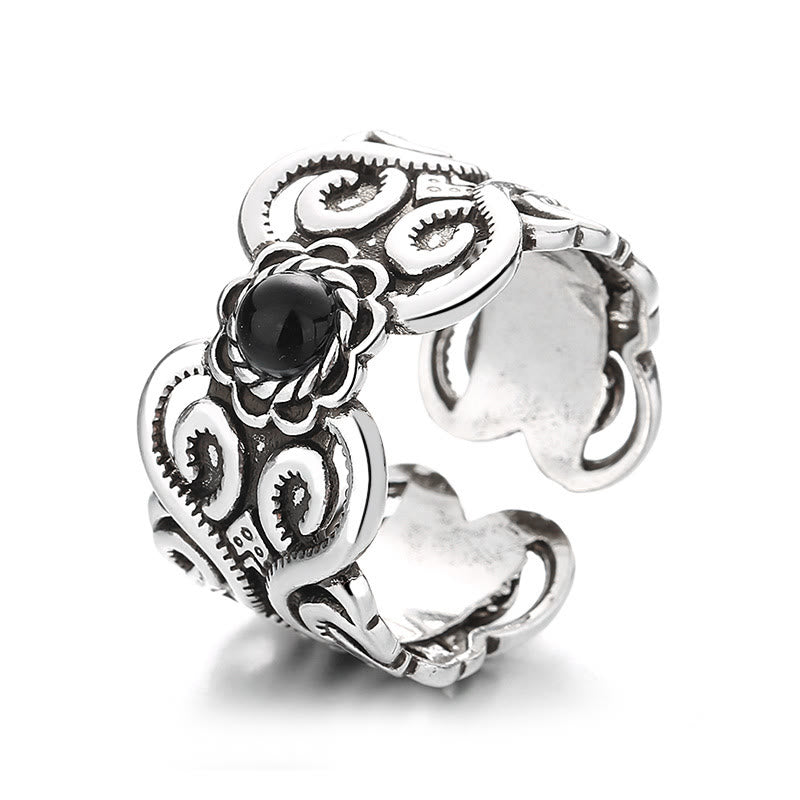 KarmaRipple's Black Onyx Bronze Mongolian Pattern Adjustable Fortune Ring p5