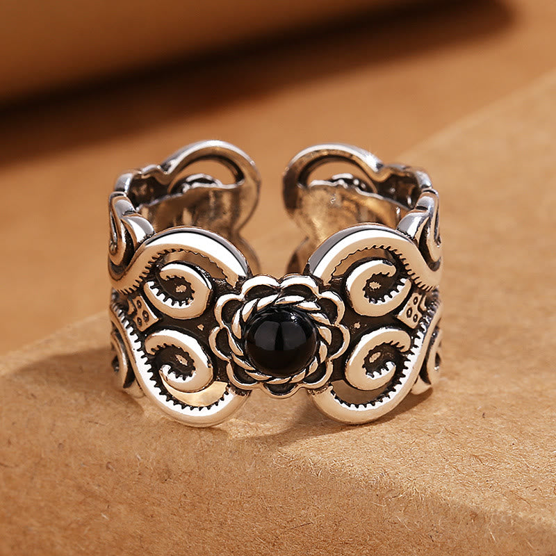 KarmaRipple's Black Onyx Bronze Mongolian Pattern Adjustable Fortune Ring p1
