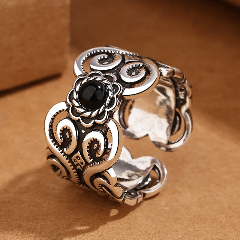 KarmaRipple's Black Onyx Bronze Mongolian Pattern Adjustable Fortune Ring p2
