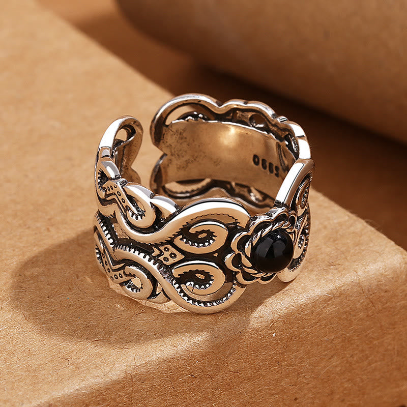 KarmaRipple's Black Onyx Bronze Mongolian Pattern Adjustable Fortune Ring p3