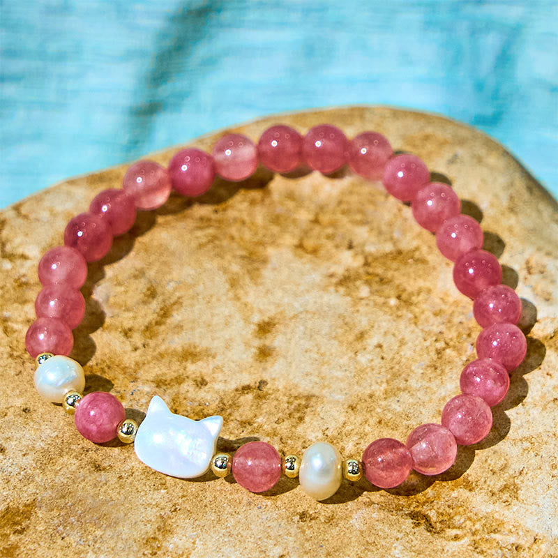 KarmaRipple's Strawberry Quartz Pearl Cat Rabbit Balancing Bracelet p9