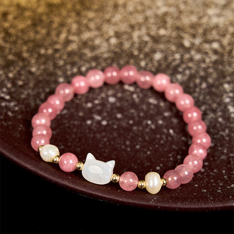 KarmaRipple's Strawberry Quartz Pearl Cat Rabbit Balancing Bracelet p7
